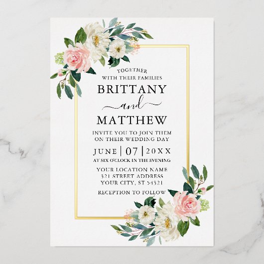 水エレガント色ピンク白フローラ結婚の金ゴールド 箔招待状 (正面)