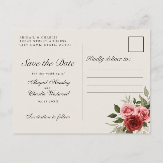 水エレガント色ピンク赤いバラの日付を保存 案内ポストカード (裏面)