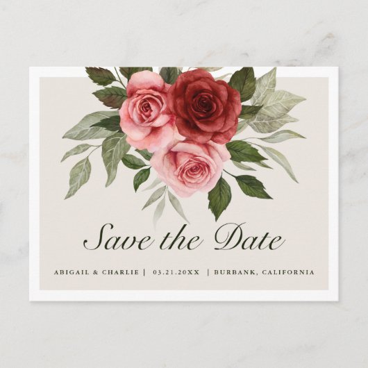 水エレガント色ピンク赤いバラの日付を保存 案内ポストカード (正面)