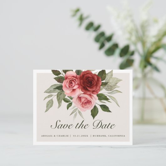 水エレガント色ピンク赤いバラの日付を保存 案内ポストカード (スタンド正面)