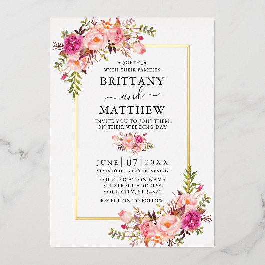 水エレガント色ピンク赤面フローラ結婚金ゴールド 箔招待状 (正面)