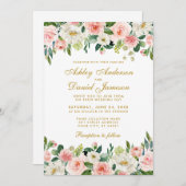 水エレガント色ピンク赤面ホワイトフローラ結婚ズ 招待状 (正面/裏面)