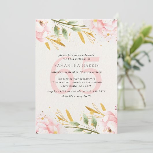 水エレガント色ピンク&金ゴールド65th誕生日パーティー 招待状 (スタンド正面)