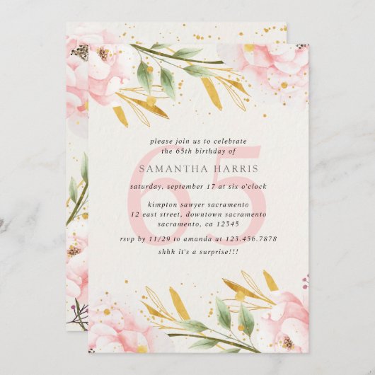 水エレガント色ピンク&金ゴールド65th誕生日パーティー 招待状 (正面/裏面)