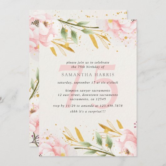 水エレガント色ピンク&金ゴールド75th誕生日パーティー 招待状 (正面/裏面)