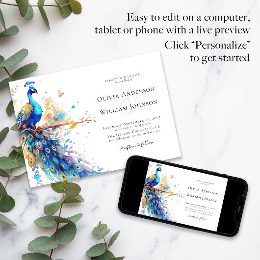 水エレガント色ピーコッ結婚ク 招待状
