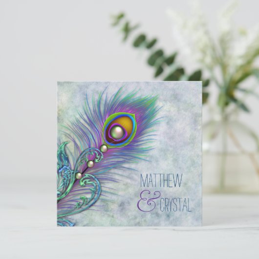 水エレガント色ピーコッ結婚ク 招待状 (スタンド正面)