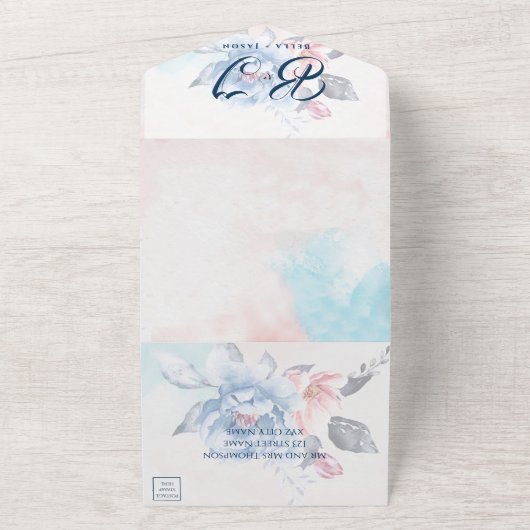 水エレガント色ピーチフローラスクリプ結婚ト オールインワン招待状 (外側)