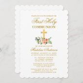 水エレガント色ピーチホワイトフローラ聖餐式 招待状 (正面/裏面)