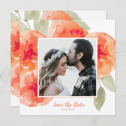 水エレガント色ピーチ牡丹の日付を保存 招待状 (正面/裏面)