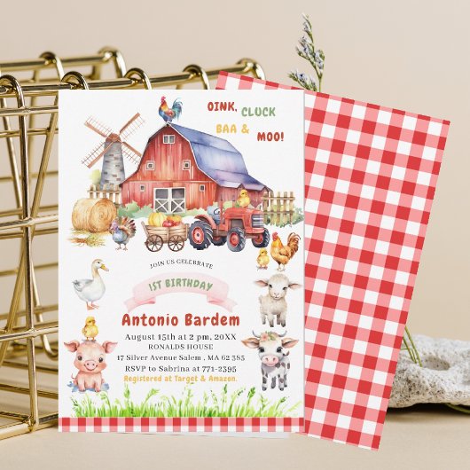 水エレガント色ファームベビー1st誕生日 招待状