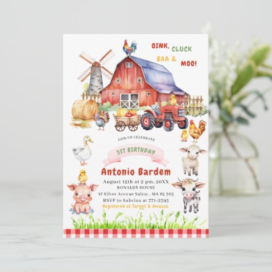 水エレガント色ファームベビー3st誕生日 招待状 (スタンド正面)