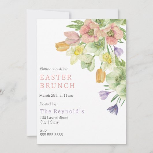水エレガント色フラワーイースターブランチ招待状 招待状 (正面)