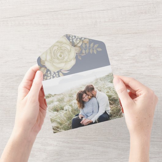 水エレガント色フローラアイボリー葉写真 オールインワン招待状 (開いている状態)