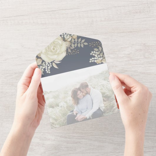 水エレガント色フローラアイボリーQRコード写真 オールインワン招待状 (開いている状態)