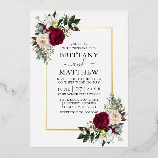 水エレガント色フローラグ結婚レリー金ゴールド 箔招待状 (正面)