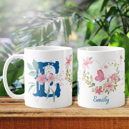 水エレガント色フローラバタフライモノグラムE コーヒーマグカップ
