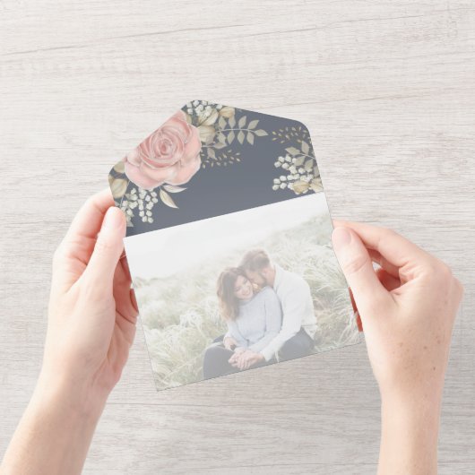 水エレガント色フローラバラ金ゴールドQRコードフォト オールインワン招待状 (開いている状態)