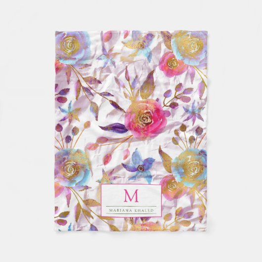 水エレガント色フローラピンクと白 フリースブランケット (正面)
