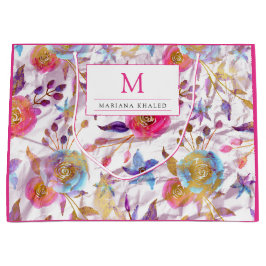 水エレガント色フローラピンクと白 ラージペーパーバッグ