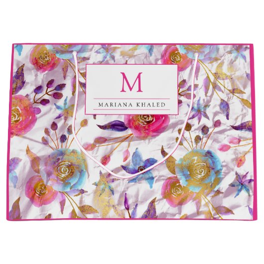 水エレガント色フローラピンクと白 ラージペーパーバッグ (正面)