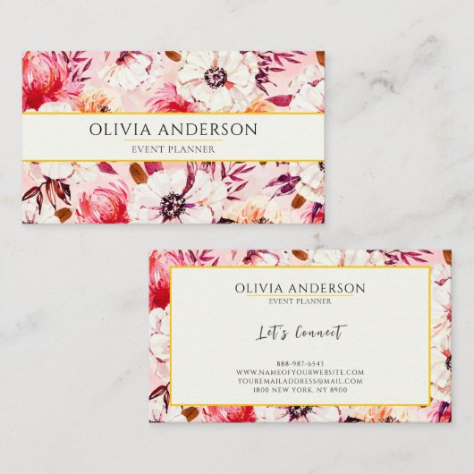 水エレガント色フローラピンクモダンパターンBoho 名刺 (正面/裏面)