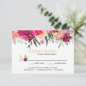 水エレガント色フローラピンク結婚の食事の選択 出欠カード (スタンド正面)