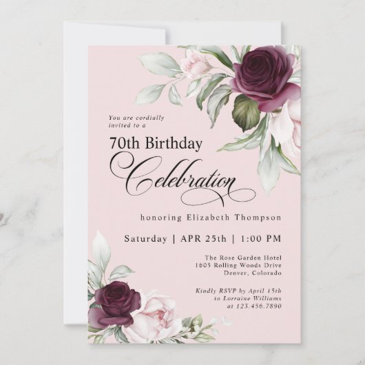 水エレガント色フローラピンク70誕生日 招待状 (正面)