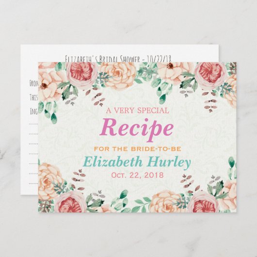 水エレガント色フローラブライダルシャワーレシピ インビテーションポストカード (正面/裏面)
