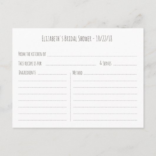 水エレガント色フローラブライダルシャワーレシピ インビテーションポストカード (裏面)