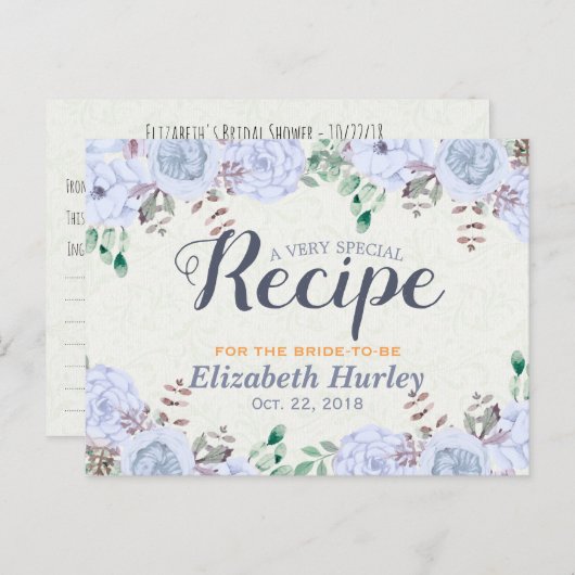 水エレガント色フローラブライダルシャワーレシピ インビテーションポストカード (正面/裏面)