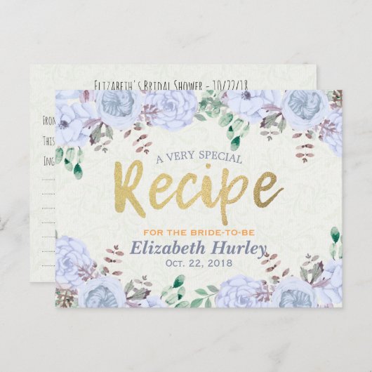 水エレガント色フローラブライダルシャワーレシピ インビテーションポストカード (正面/裏面)