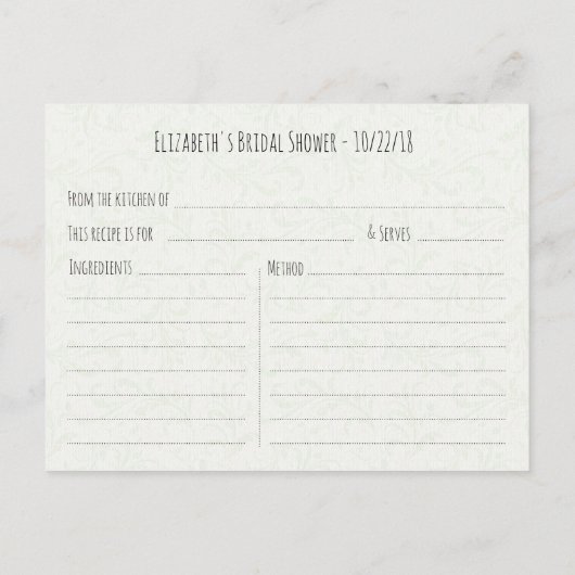 水エレガント色フローラブライダルシャワーレシピ インビテーションポストカード (裏面)