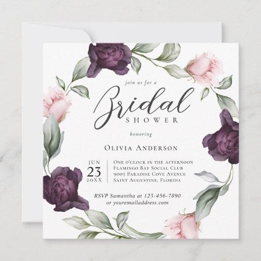 水エレガント色フローラブライダルシャワー 招待状 (正面)