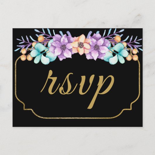 水エレガント色フローラブラックウェディングRSVP ポストカード (正面)