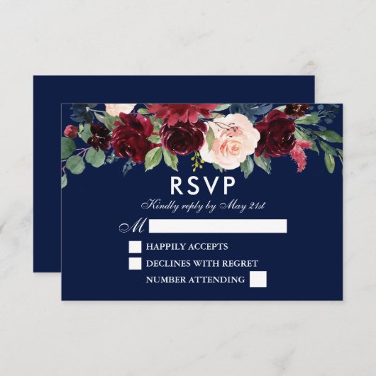 水エレガント色フローラブルゴーニュ結婚ー 出欠カード (正面/裏面)