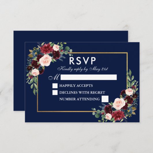 水エレガント色フローラブルーブルゴーニュ結婚ーズ 出欠カード (正面/裏面)
