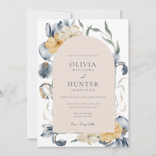 水エレガント色フローラブルー結婚ズ 招待状 (正面)