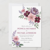 水エレガント色フローラプラムブルゴーニュ結婚ーズ 招待状 (正面)