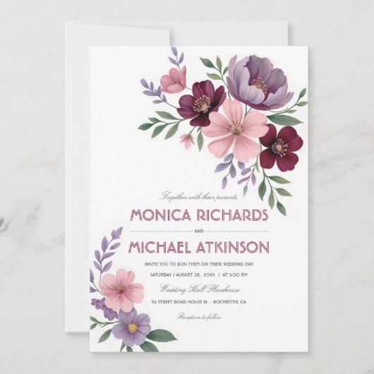 水エレガント色フローラプラムブルゴーニュ結婚ーズ 招待状 (正面)