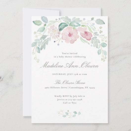 水エレガント色フローラベビーシャワー招待状 招待状 (正面)