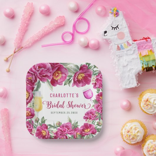 水エレガント色フローラホットピンクブライダルシャワー ペーパープレート (パーティー)
