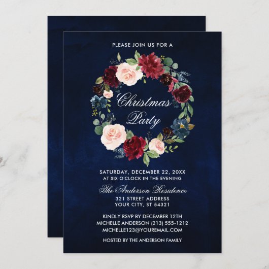 水エレガント色フローラリースクリスマスパーティー 招待状 (正面/裏面)