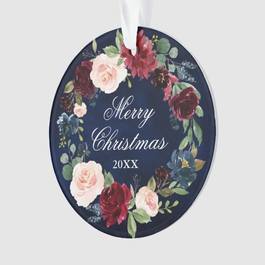 水エレガント色フローラリースメリークリスマス オーナメント (正面)