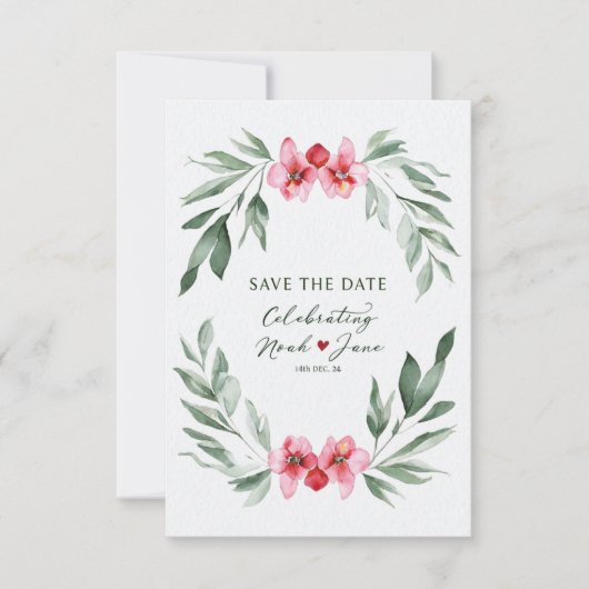 水エレガント色フローラリース日付の保存 カード (正面)