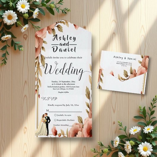 水エレガント色フローラロマンチック結婚カップル オールインワン招待状