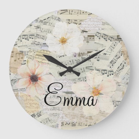 水エレガント色フローラヴィンテージシート音楽 ラージ壁時計 (正面)