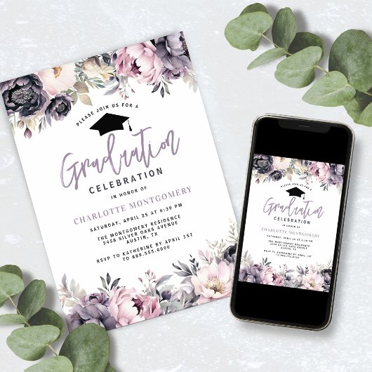 水エレガント色フローラ写真卒業パーティー 招待状