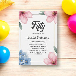 水エレガント色フローラ夏50誕生日 招待状