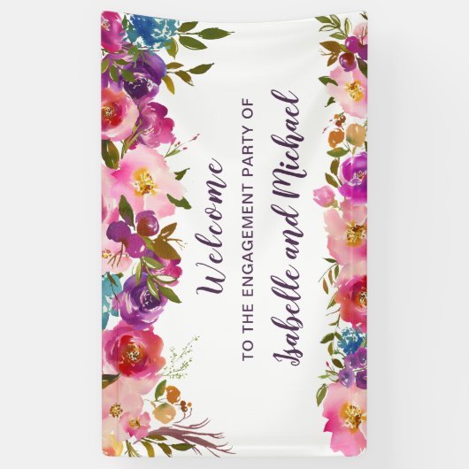 水エレガント色フローラ婚約パーティへようこそ 横断幕 (縦)